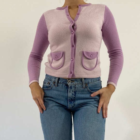 Vintage Sweaters - Vintage J. Crew Pastel Purple Colorblock Petite Cardigan XS